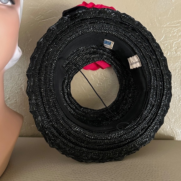DELIGHTFUL 1940s\' BLACK STRAW HAT WITH TOP OPENING + RED FABRIC FLOWERS main image 7